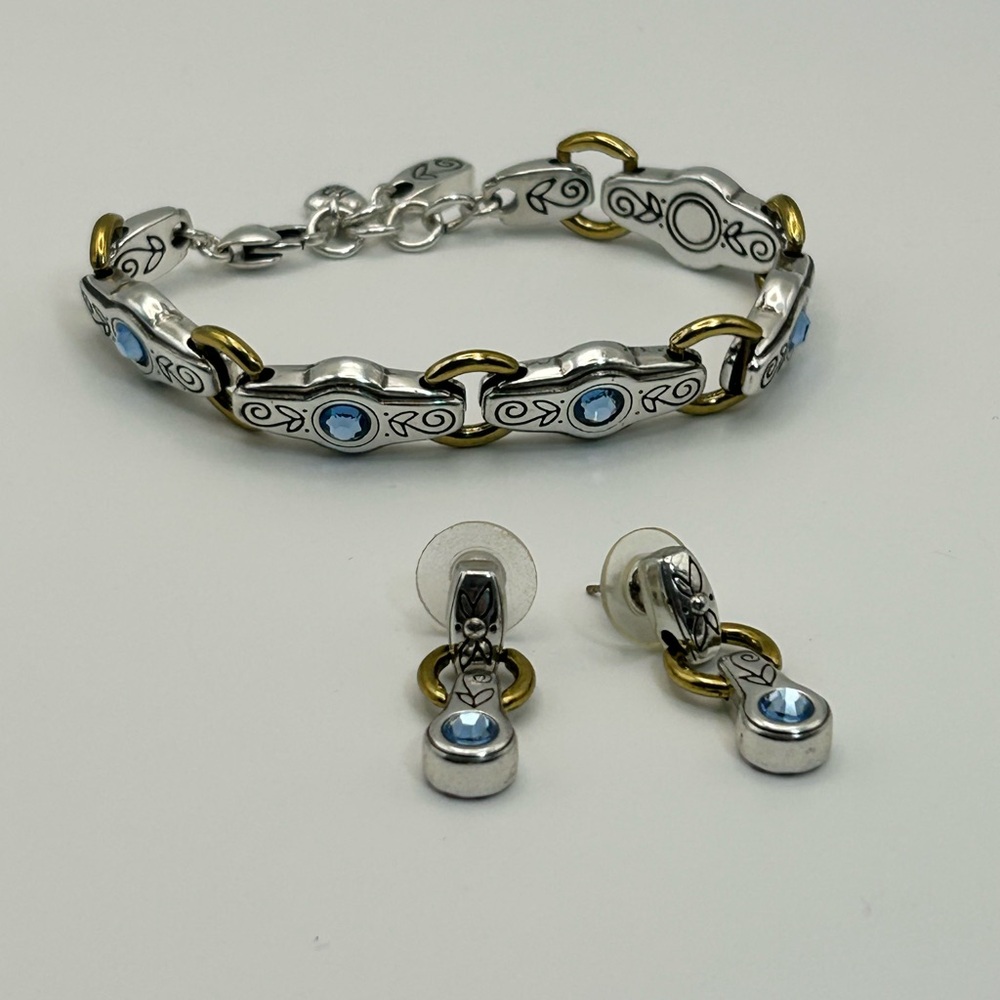Brighton Celestial Blue Bracelet & Earrings Set Blue Crystals Two-tone Links - Picture 6 of 13